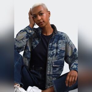 Gap Blue Hawaiian Print Mockneck Jacket in Cotton-Linen Women’s L NWT